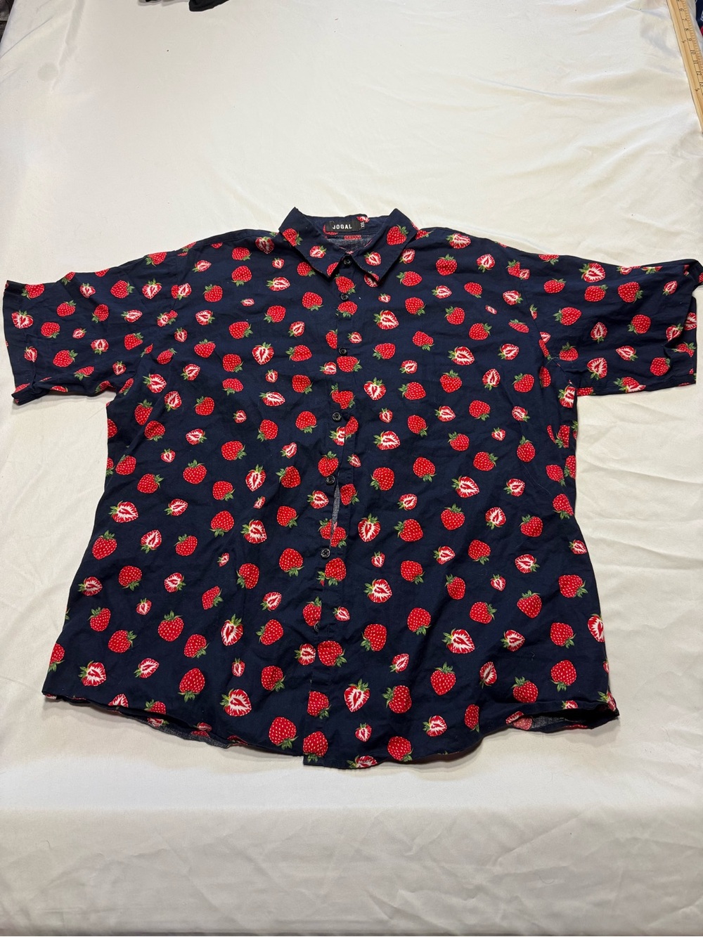 Casual Short-Sleeve Strawberry Print Button-Down Shirt - NAVY